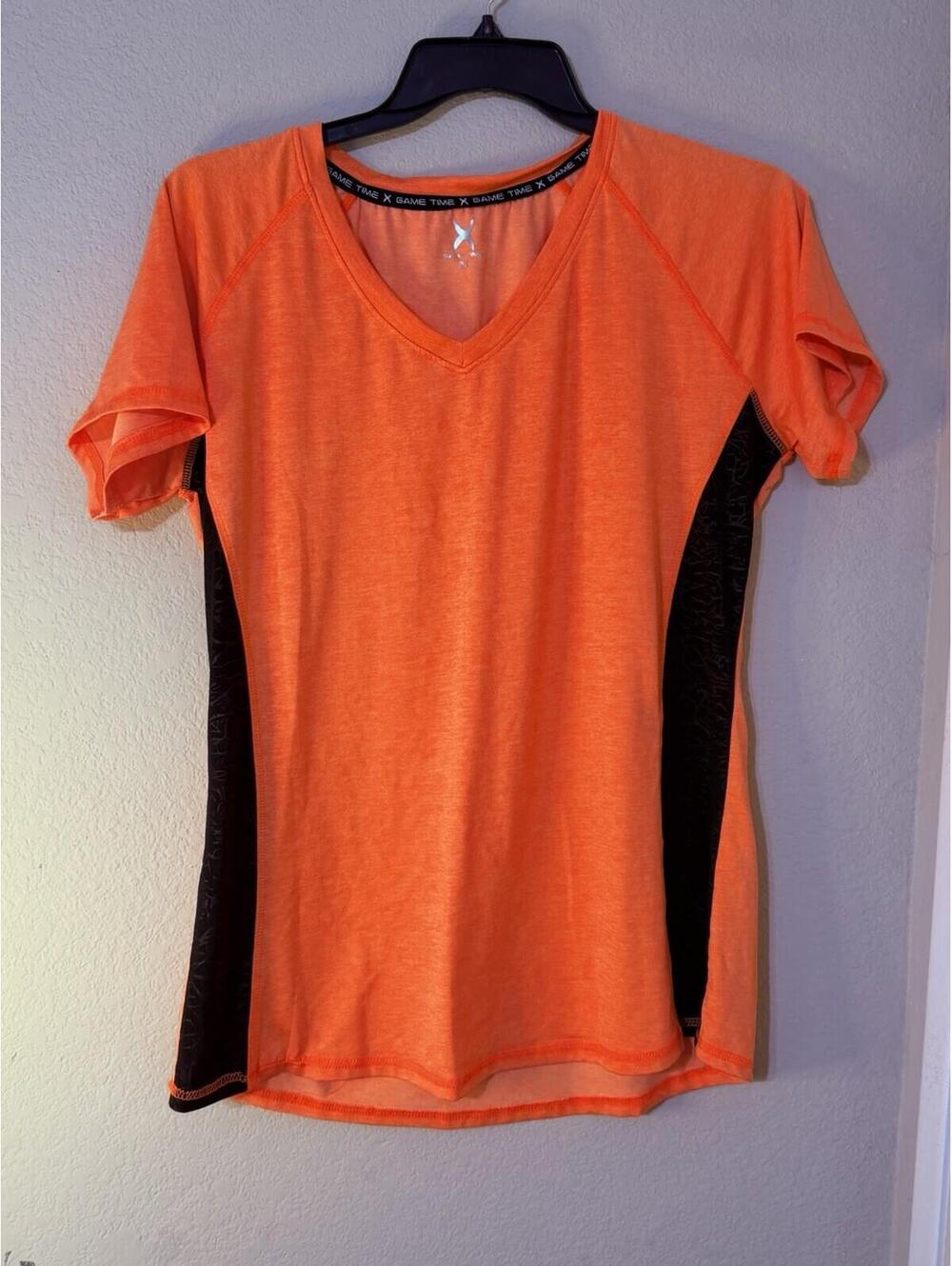 Game Time Women's Plus Size Activewear T-Shirt Orange Black 2X V-Neck. Sku193
